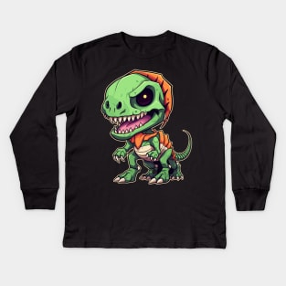 Green Scary Chibi T-Rex Isometric Dinosaur Monster Kids Long Sleeve T-Shirt